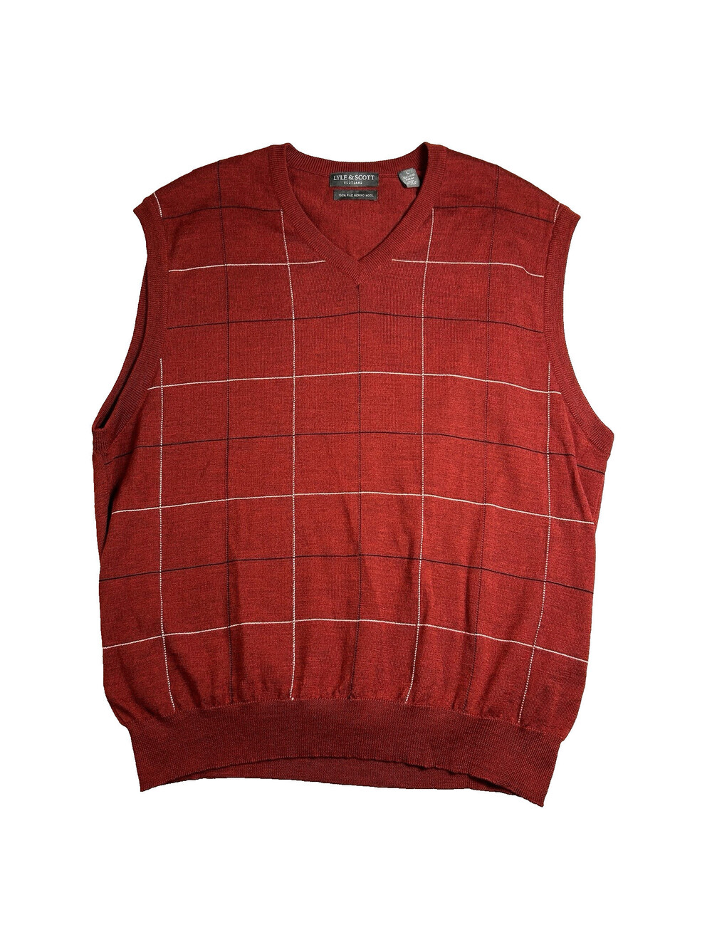 Lyle & Scott 100% Merino Wool Sweater Vest Mens Large Burgundy Plaid Grandpacore